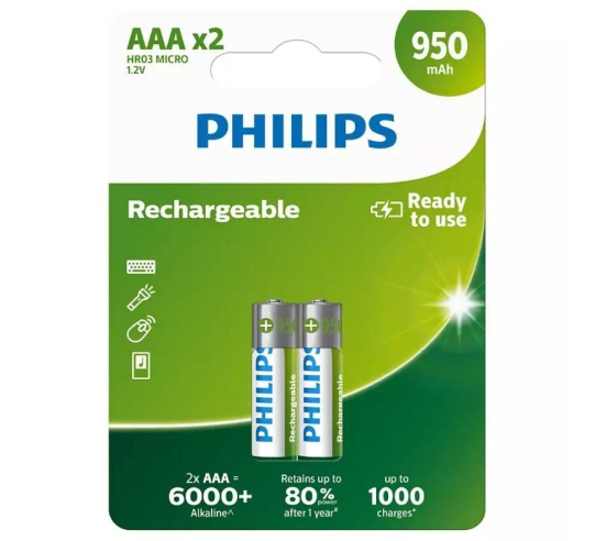 Pack de 2 pilas aaa philips r03b2a95/10 - 1.2v - recargables
