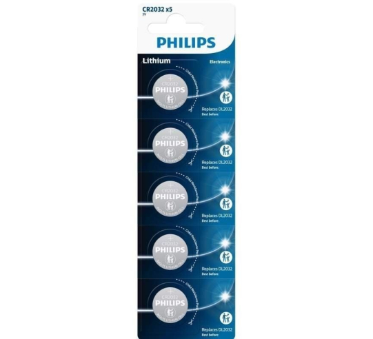 Pack de 5 pilas de botón philips cr2032p5/01b lithium - 3v
