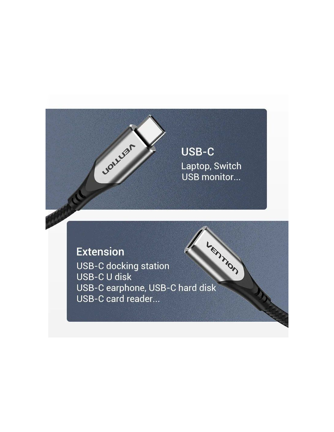 Cable alargador usb 3.1 tipo-c vention tabhf - usb tipo-c macho - usb tipo-c  hembra - 1m - gris
