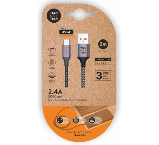 Cable usb 2.0 tech one tech tec2023 - usb tipo-c macho - usb macho - 2m - gris