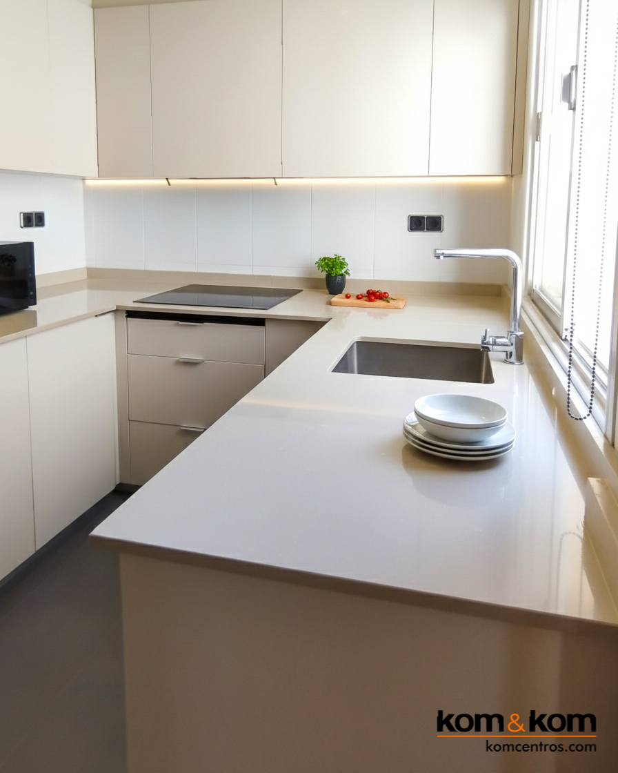 Cocina Pequeña Moderna y Funcional: Distribución en U, Beige Vintage ...