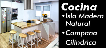 Cocina con Campana Cilíndrica en Isla | Blanco mate + Madera natural